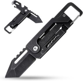 Keychain Knife, Carabiner Multitool, Tanto Pocket Knife with Key Clip, Box Cutter, Can/Bottle Opener, Screwdriver Wrench, Pry Tools